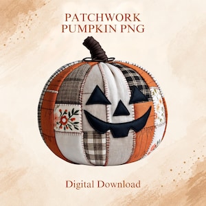 Puede incluir: Una calabaza de patchwork con un tallo marrón oscuro, que presenta varios patrones de tela incluyendo estampados naranjas, de cuadros y florales. La calabaza tiene una cara de jack-o'-lantern de tela negra. Texto: PATCHWORK PUMPKIN PNG y Digital Download.