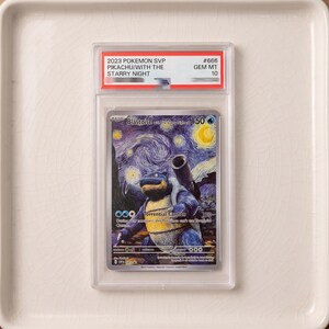 May include: A graded 2023 Pokemon SVP Blastoise trading card featuring a Starry Night inspired art style. The card is encased in a clear plastic slab with a label at the top reading 2023 POKEMON SVP PIKACHU/WITH THE STARRY NIGHT #666 GEM MT 10.