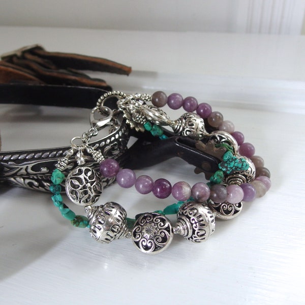 PAISLIE 1, Silver, Turquoise and Amethyst Bracelet, Western Style Triple Strand Bracelet, Sundance Style Jewelry, Fancy Cowgirl Jewlery