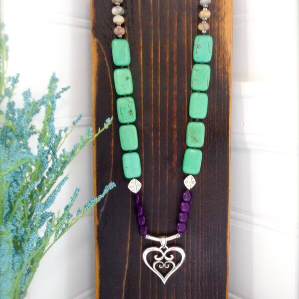 CHARLEE; Turquoise, Purple, Silver and Earthtone Knotted Necklace, Handmade OOAK Western Jewelry, Cowgirl Jewelry