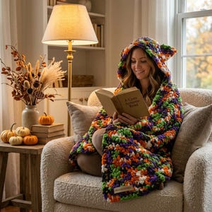 May include: A hooded crochet blanket featuring a variegated yarn pattern in shades of orange, purple, green, and white. The blanket has a hood with small ear-like projections and a small rectangular label at the bottom edge.