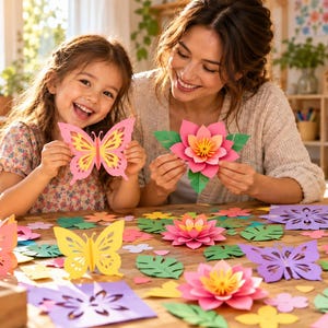 Peut inclure: Une collection de décorations en papier coloré comprenant plusieurs papillons et fleurs de lotus en trois dimensions dans des tons de rose, jaune et violet, ainsi que des feuilles en papier vert éparpillées sur une table en bois.