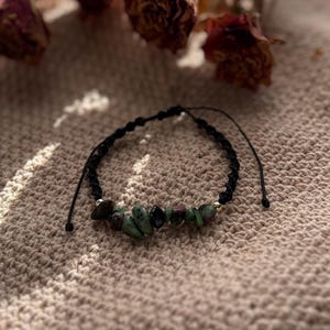 Ruby Zoisite Bracelet, Gold Hematite Beads, Black Macrame Bracelet, Handmade Adjustable Gemstone Jewelry