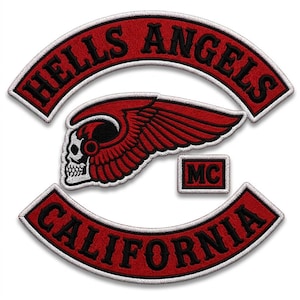 May include: A three-piece embroidered patch set featuring a red and white arched top rocker with the text HELLS ANGELS, a red and white bottom rocker with the text CALIFORNIA, and a central winged skull emblem with a small red and white MC patch.