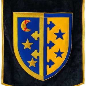 Hand-Embroidered Bullion Wire Family Crest Banner, Velvet Heraldic Wall Hanging (30"x36")