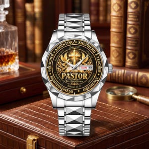 May include: A silver-tone wristwatch with a faceted link band and a black circular dial. The dial features a gold cross, an open book, and the text PASTOR, Rev. David Grace, ANOINTING, SHEPHERD, TEACHER, OBEDIENCE, RIGHTEOUSNESS, PREACHER, and Bible verses.