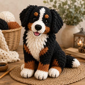 Può includere: Un peluche di cane bovaro del bernese lavorato all'uncinetto a mano con un motivo di colori nero, bianco e marrone. L'animale di peluche presenta una striscia bianca sul muso, orecchie nere, accenti marroni e zampe bianche.