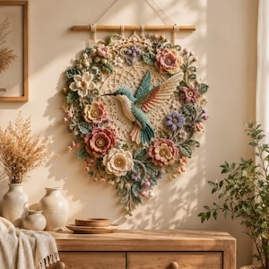 Puede incluir: Un tapiz circular de ganchillo con un colibrí central en tonos verde azulado y melocotón, rodeado por una corona de flores de ganchillo tridimensionales en rosa, crema y morado, suspendido de una varilla de madera horizontal.