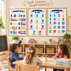 Könnte beinhalten: Drei pädagogische Wandposter mit farbenfrohen Zahlen und Zählabbildungen. Das erste Poster zeigt die Zahlen 1-10 mit Objekten, das zweite 0-10 mit Punkten und das dritte die Zahlen 1-20 mit entsprechenden Textbeschriftungen.