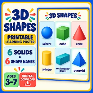 Può includere: Un poster educativo stampabile intitolato 3D SHAPES che mostra sei solidi geometrici: una sfera blu, un cubo verde, un cono rosso, un cilindro giallo, un prisma rettangolare verde acqua e una piramide blu, ciascuno etichettato con il proprio nome.