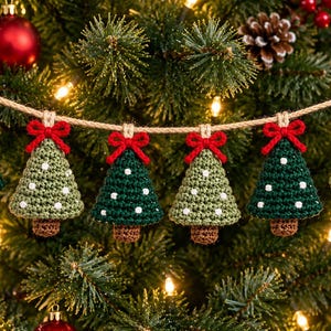 May include: A garland featuring six crocheted Christmas tree ornaments suspended from a jute twine string. Each tree is alternating dark and light green with white embroidered dots, a brown trunk, and a small red yarn bow at the top.