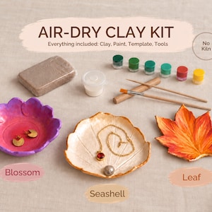 Può includere: Un kit di argilla autoindurente con un blocco di argilla, sei piccoli vasetti di vernice, due strumenti in legno e un pennello. Sono mostrati tre piatti in argilla finiti: un piatto a fiore rosa e viola, uno a conchiglia e uno a foglia.