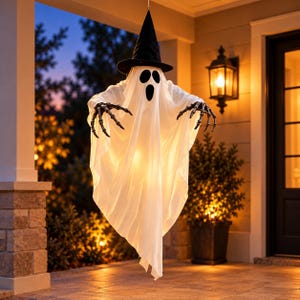 May include: A hanging ghost decoration featuring a white fabric shroud, a black pointed witch hat, and skeletal hands. The ghost has a hollow, oval-shaped mouth and two dark, oval-shaped eyes, with an internal light source illuminating the fabric.
