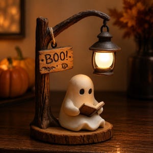 May include: A decorative figurine featuring a small white ghost sitting on a circular wooden base, reading a book. A dark brown tree-like post holds a hanging lantern with a glowing light and a wooden sign with the text BOO and a bat icon.