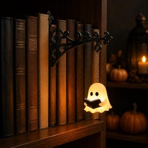 May include: A black metal wall-mounted bracket with ornate scrollwork supports a small, glowing, cream-colored ghost figurine. The ghost is shaped like a sheet with two black eyes and is holding a small, open black book, suspended by a silver chain.