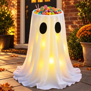 Halloween Ghost Candy Bowl Holder, White Fabric Trick or Treat Candy Stand, Spooky Table Decor, Halloween Party Serving Decoration