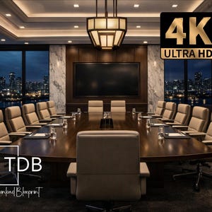 May include: A boardroom featuring a long dark wood conference table surrounded by beige leather chairs. A large screen is mounted on a wood-paneled wall with marble accents. A hanging light fixture illuminates the room, which displays 4K ULTRA HD text.