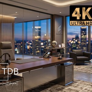 May include: A modern executive office featuring a large wooden desk with a pair of headphones on a stand, a leather chair, and two armchairs. A city skyline is visible through floor-to-ceiling windows. A 4K ULTRA HD logo is in the top right corner.