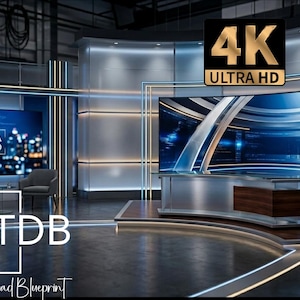 Op de afbeelding: Een moderne televisiestudio-set met een groot gebogen scherm met abstracte graphics, een strak bureau met houten panelen, twee grijze stoelen en een 4K ULTRA HD-logo. De tekst MEDIA STUDIO en TDB The Download Blueprint zijn zichtbaar.