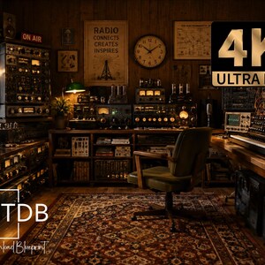 May include: A vintage radio studio room featuring wooden walls, a central office chair, and a patterned rug. The space is filled with electronic equipment, analog radio gear, and wall posters with text including Radio Connects Creates Inspires and Sound Waves Build Worlds. A TDB logo is visible in the lower left corner.