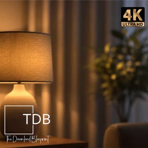 Könnte beinhalten: Eine Tischlampe mit einem strukturierten weißen Fuß und einem zylindrischen Stoffschirm, der ein warmes Licht ausstrahlt. Die Lampe zeigt ein quadratisches Logo mit dem Text TDB und The Download Blueprint sowie ein 4K ULTRA HD-Abzeichen oben rechts.