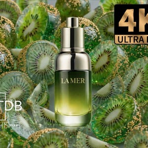 Op de afbeelding: Een glazen flesje La Mer serum met een gouden druppeldop, voorzien van een groen naar geel kleurverloop. Het flesje is omringd door talloze groene kiwischijfjes bedekt met gouden glitters. De tekst LA MER, TDB en 4K ULTRA HD is zichtbaar op de afbeelding.
