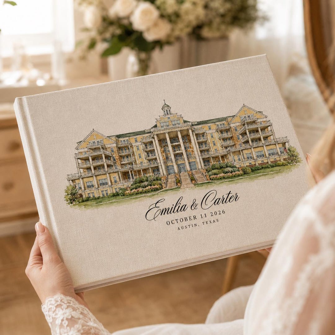 Custom Linen Wedding Guest Book, Personalized Venue Illustration Custom Linen Wedding Guest Book, Personalized Venue Illustration