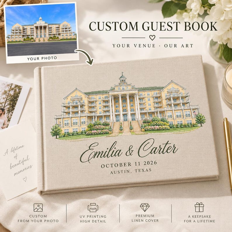 Custom Linen Wedding Guest Book, Personalized Venue Illustration Custom Linen Wedding Guest Book, Personalized Venue Illustration