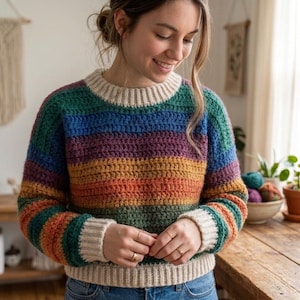 Può includere: Un maglione all'uncinetto a maniche lunghe con righe orizzontali nei toni del verde acqua, blu, viola, giallo, arancione e verde. Il capo presenta un girocollo, polsini e orlo a coste color crema, realizzati in filato dalla trama evidente.