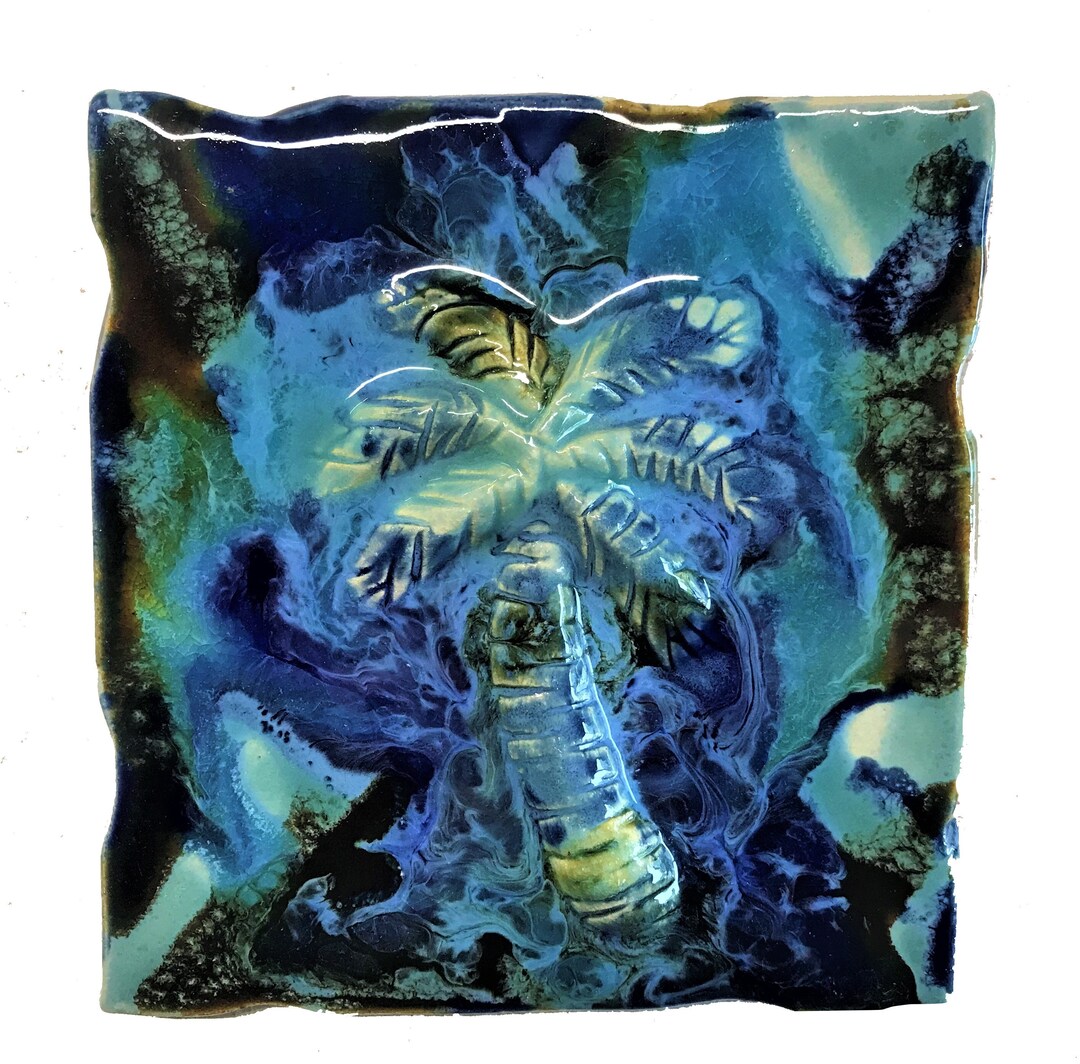 Green Ceramic Palm Trees Wall Hanging, Kitchen Backsplash Tile