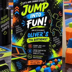 Puede incluir: Una tarjeta de invitación de cumpleaños rectangular con fondo negro y salpicaduras de colores neón verde, azul y naranja. El texto dice: Jump Into Fun! Join us to celebrate Oliver's 7th Birthday! Saturday, June 14, 2027, 1:00 PM - 3:00 PM.