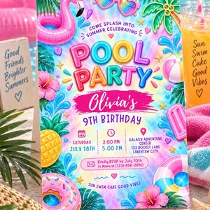 Op de afbeelding: Een kleurrijke uitnodiging voor het 9e verjaardagsfeest van Olivia met een tie-dye achtergrond, een roze flamingo zwemband, hartvormige zonnebrillen, een ananas, een donut en tropische bloemen. De tekst bevat evenementdetails, datum en locatie.