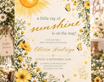 Convite para Chá de Bebê "Um Raio de Sol" - Modelo Canva | Convite para Chá de Bebê com Sol Floral Amarelo | Conjunto Primavera Margaridas Borboleta