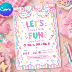 May include: A rectangular birthday invitation card with a white background, pastel striped borders, and pink ribbon accents. The text reads: LET'S have some FUN join us to celebrate OLIVIA IS TURNING 5! SAT AUG 4 AT 2:00 PM 123 Anywhere St, Any City, ST 12345.