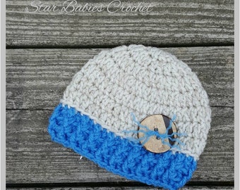 Baby Boy Girl  ~ Beige and Cobalt Blue ~ Crochet Hat  ~ Photography Prop