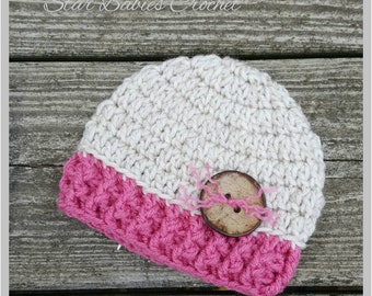 Baby Boy Girl  ~ Beige and Dark Pink ~ Crochet Hat  ~ Photography Prop