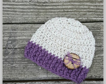 Baby Boy Girl Beige and Purple Crochet Hat Photography Prop