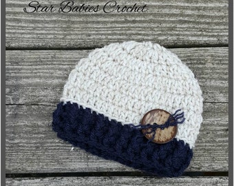 Baby Boy Girl  ~ Beige and Navy ~ Crochet Hat  ~ Photography Prop