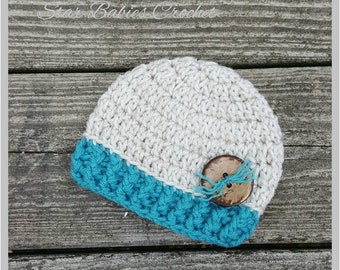 Baby Boy Girl Beige and Turquoise Crochet Hat Photography Prop