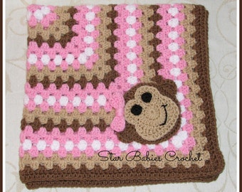 Monkey Business Baby Girl Crochet Blanket - Brown and Pink  -