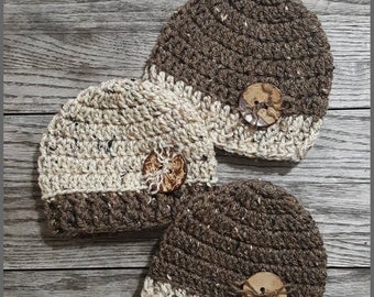 Baby Boy Girl  ~ Beige and Brown ~ Crochet Hat  ~ Photography Prop ~ Triplet Triplets Set ~