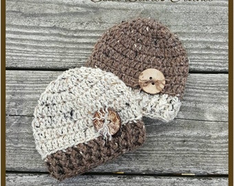 Baby Boy Girl  ~ Beige and Brown ~ Crochet Hat  ~ Photography Prop ~ Twin Twins Set ~