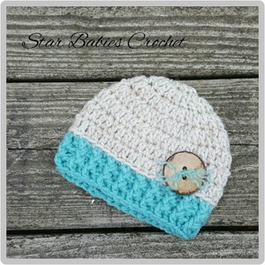 Baby Boy Girl Beige and Sea Glass Blue Crochet Hat Photography Prop