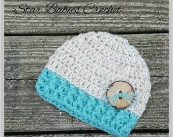 Baby Boy Girl Beige and Sea Glass Blue Crochet Hat Photography Prop