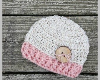 Baby Girl Girls Beige and Light Pink Pastel Crochet Hat Photography Prop