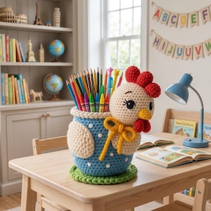 May include: A blue crochet pencil holder shaped like a chicken with white polka dots, a red comb, a yellow beak, and a yellow bow. The holder is filled with various coloured pencils and sits on a green circular base on a wooden table.