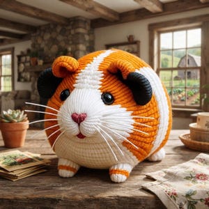 Peut inclure: Une peluche ronde en crochet représentant un cochon d'Inde avec un motif rayé orange et blanc. Ce jouet présente des oreilles noires, des yeux sombres et brillants, un petit nez rose brodé et de longues moustaches en fil blanc.