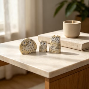 May include: Three small, cream-colored owl figurines with black ink-style line and dot patterns. The leftmost owl is rounded, the middle is small and slender, and the rightmost is taller with horizontal line details. Each features large, circular eyes.