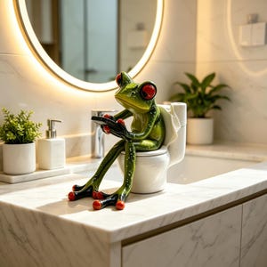 Può includere: Una statuetta di rana in ceramica verde con grandi occhi rossi e punte delle dita arancioni, seduta su un water bianco in miniatura mentre tiene tra le mani un piccolo dispositivo rettangolare nero. La rana ha una finitura lucida.
