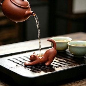 May include: A brown clay teapot pours tea into a brown clay cat-shaped tea pet figurine. The cat is in a stretching pose on a dark slatted tray. Two small, light green ceramic tea cups sit nearby on the tray, completing the tea set arrangement.